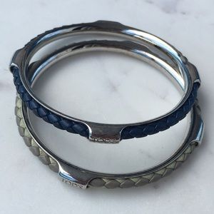 Authentic Tod’s Braided Woven Leather Silver Tone Bangle Bracelet (set of two)